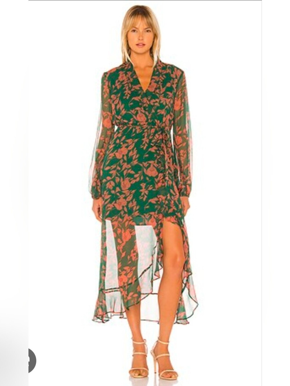 Bardot Justine Green Floral Ruffle Wrap Dress Long Sleeve Size Small US6